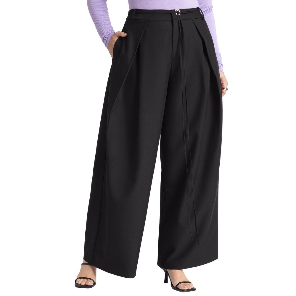Eloquii Wide Leg Trousers 18W Black New Pleated Tie Waist Drapey Quiet Luxury